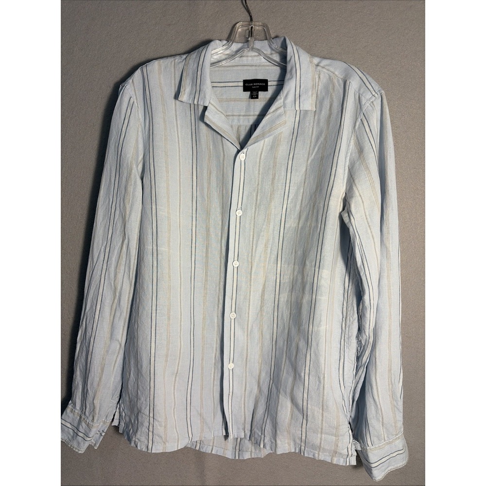 Club Monaco Mens Blue Striped Pure Linen Outdoor Slim Fit Button Up Shirt Size S